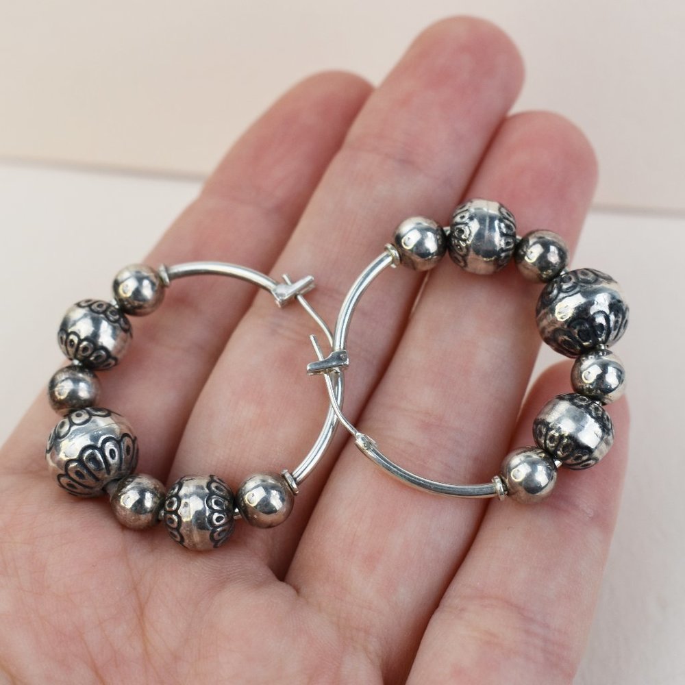 Large bead hoop earrings 925 sterling silver, basic chunky hoops, boho jewelry - Picture 5 of 8